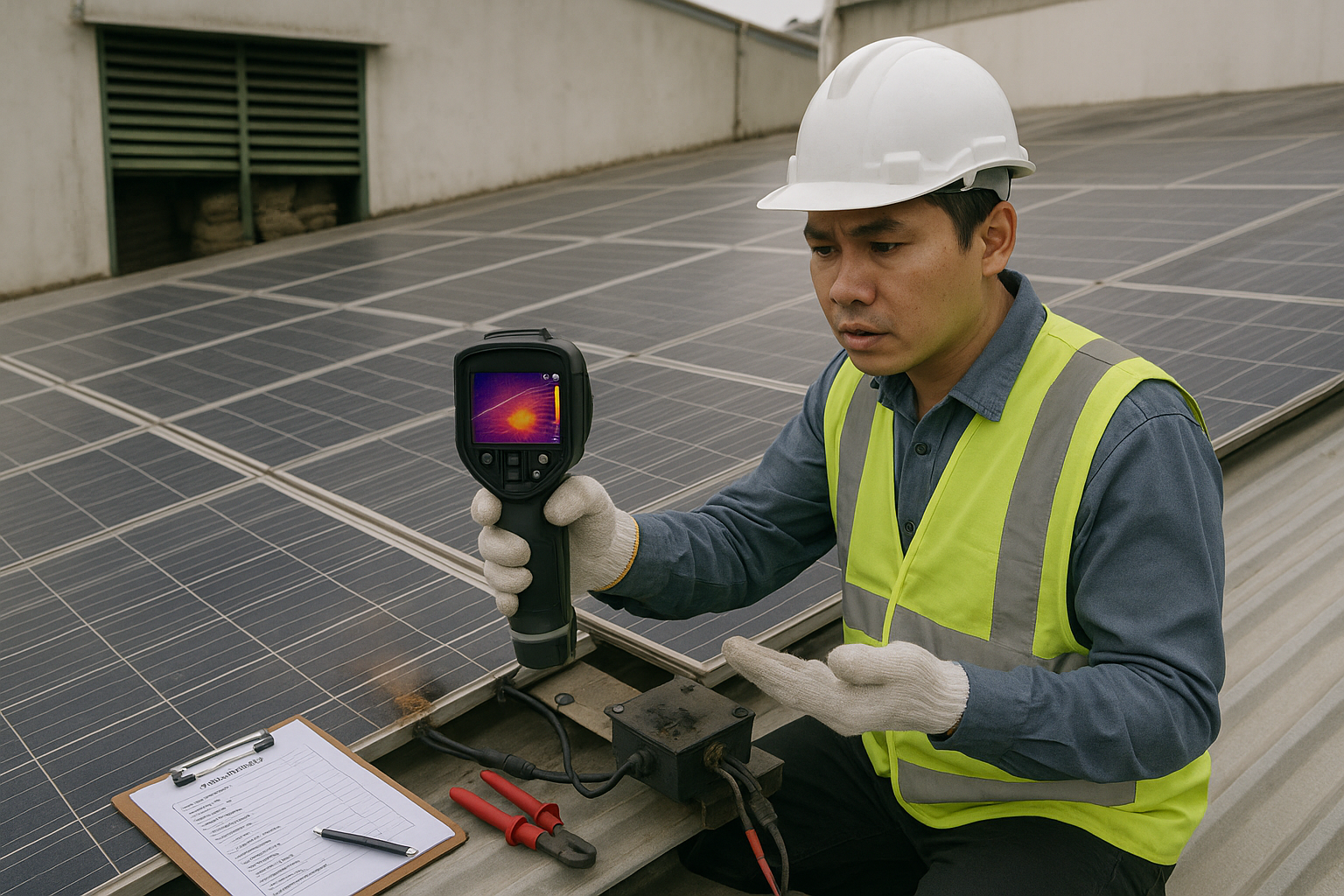 Kiểm tra hotspot và đấu nối cháy sém trên mái xưởng Kỹ thuật viên trên mái xưởng dùng camera nhiệt phát hiện hotspot và hộp đấu nối cháy sém trên hệ thống pin mặt trời.