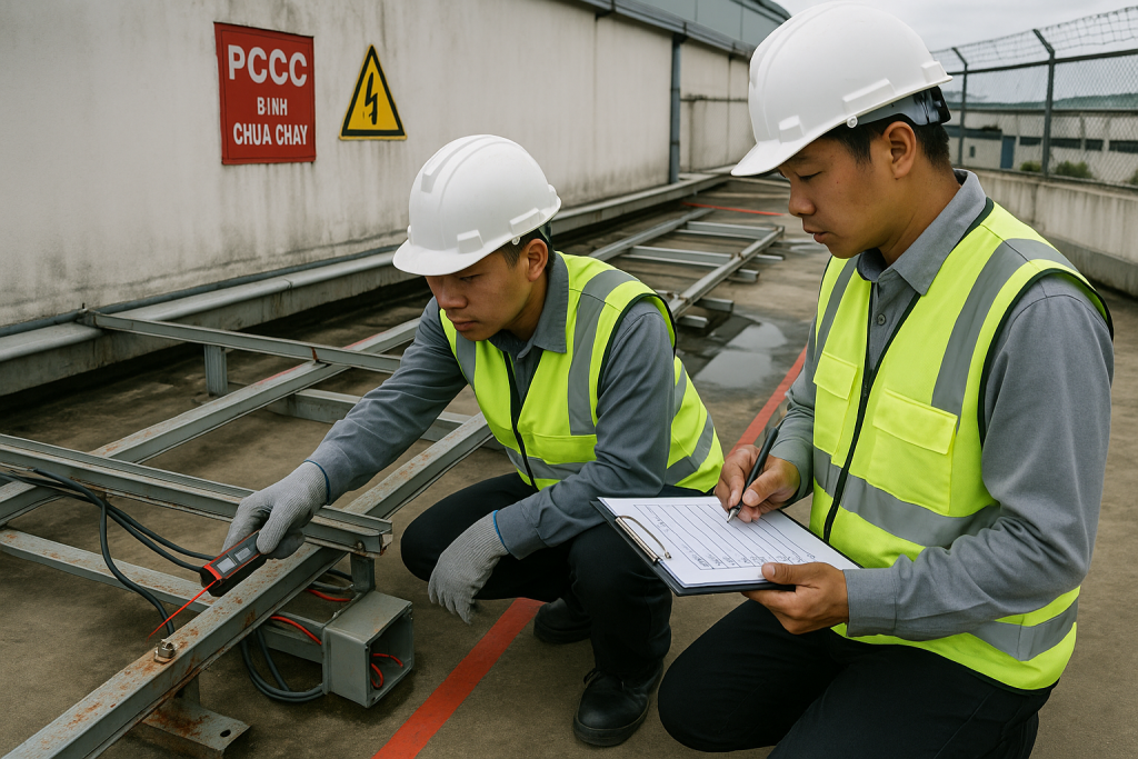 Kỹ sư đang khảo sát mái xưởng trước khi lắp pin: đo bu-lông, kiểm tra cáp và ghi checklist