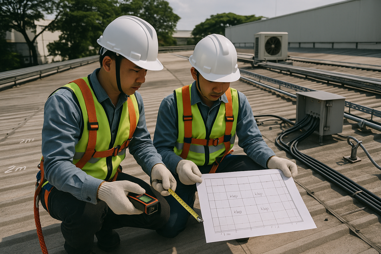 Kỹ sư khảo sát mái xưởng đo diện tích, kiểm tra bóng râm và tủ đấu nối để ước tính công suất điện mặt trời áp mái.