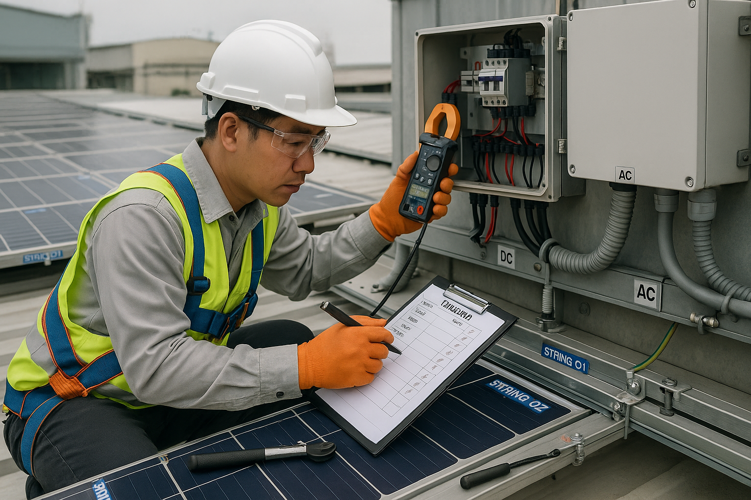 Kỹ sư kiểm tra nối DC giữa tủ combiner và inverter trên mái nhà xưởng; thấy nhãn chuỗi pin, kẹp tiếp địa và checklist nghiệm thu.