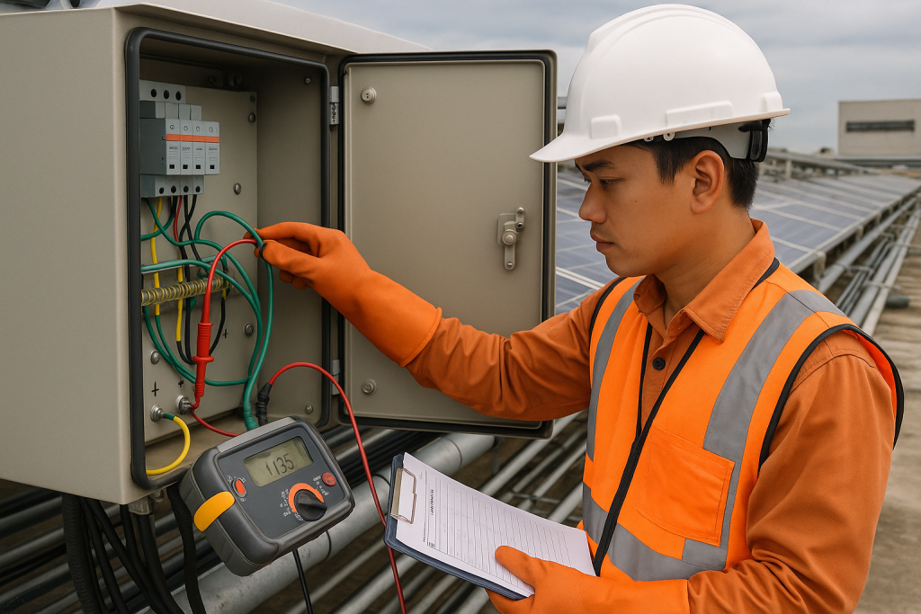 Kỹ thuật viên kiểm tra SPD, thanh tiếp địa và đo điện trở cách điện tại tủ hòa lưới trên mái nhà máy