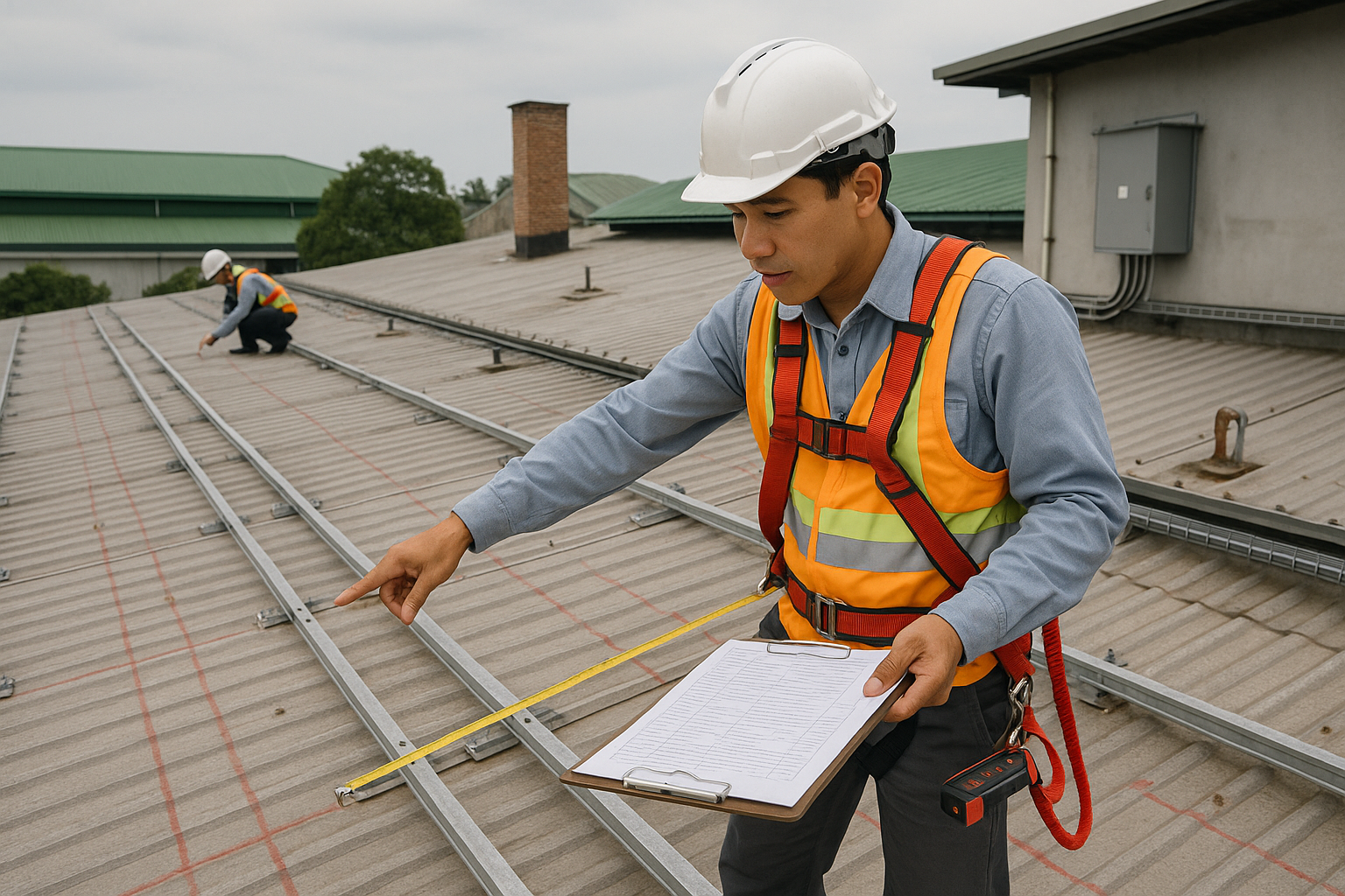 Kỹ sư kiểm tra và đo diện tích mái xưởng để thiết kế hệ điện mặt trời MWp, đánh dấu bố trí tấm, kiểm tra purlin, điểm neo và tuyến máng cáp.