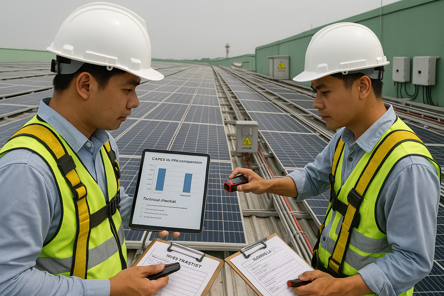 Kỹ sư khảo sát mái xưởng, so sánh CAPEX và mô hình PPA bằng tablet, đo khoảng cách giữa dãy pin mặt trời