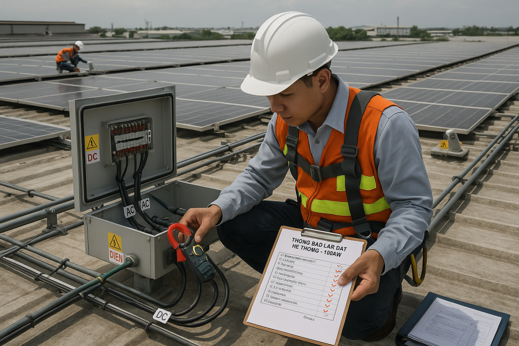 Kỹ thuật viên Việt Nam kiểm tra tủ đấu nối PV trên mái xưởng, đo dòng cáp và ghi checklist pháp lý trước đấu nối lưới.