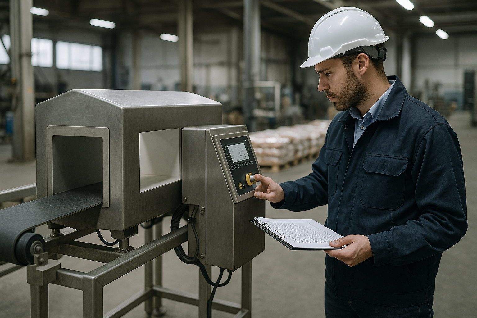 Kỹ sư kiểm tra máy dò kim loại băng tải trong khu vực sản xuất nhà máy