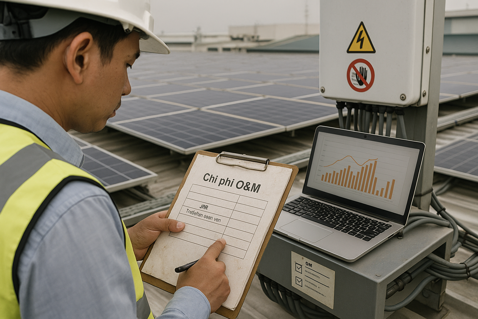 Kỹ sư trên mái nhà xưởng kiểm tra bảng chi phí O&M và biểu đồ sản lượng trên laptop, nền là cụm pin mặt trời.