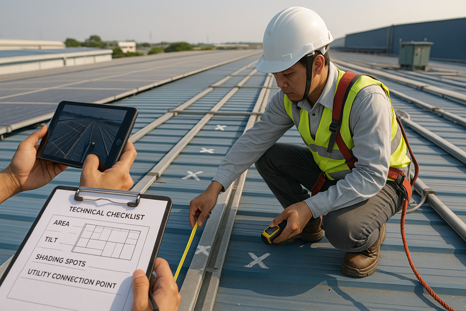 Kỹ sư khảo sát mái nhà máy đo diện tích, kiểm tra xà gồ và ghi checklist cho báo giá dự án điện mặt trời áp mái
