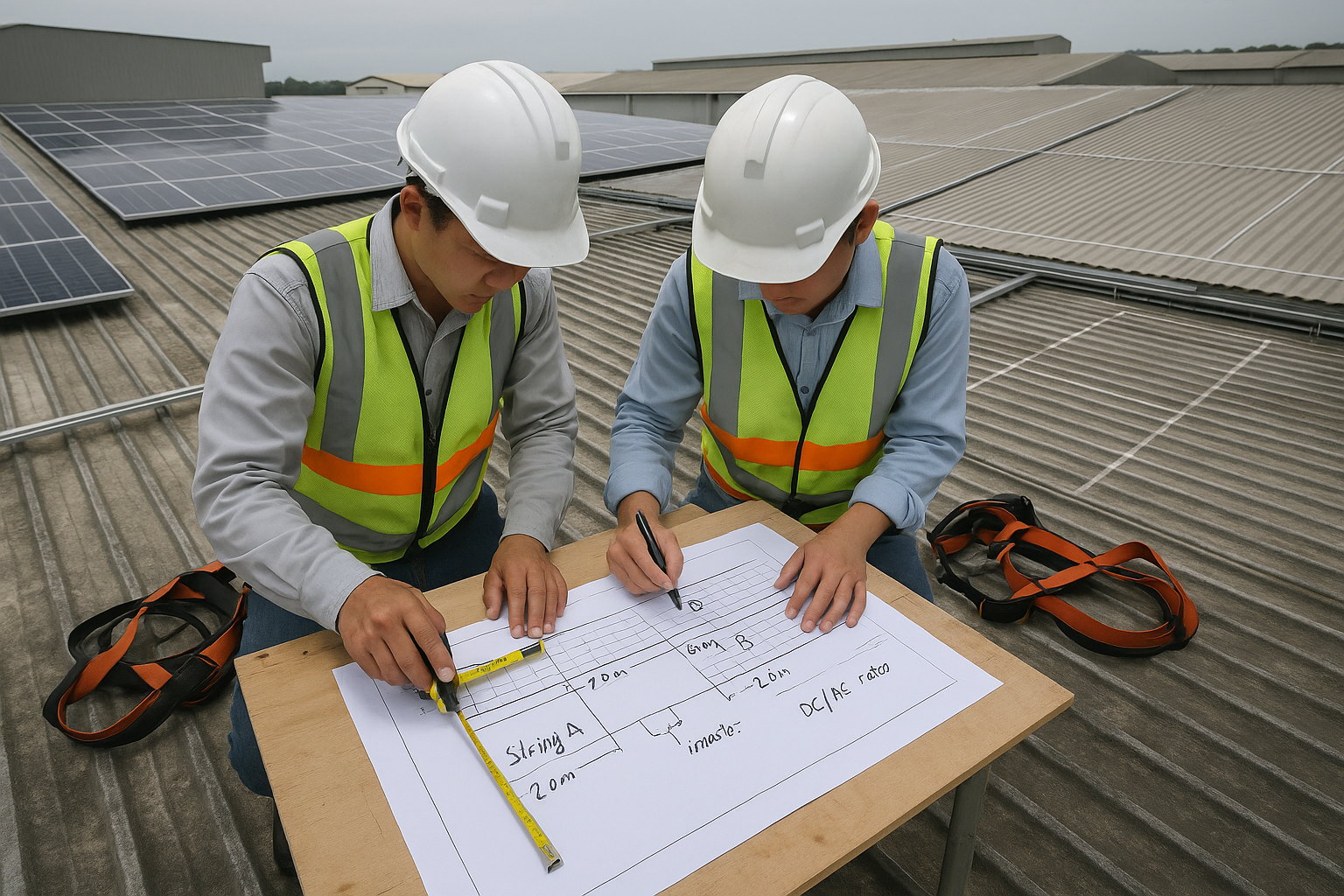 Kỹ sư trên mái nhà máy kiểm tra bản vẽ bố trí string PV và đo khoảng cách hàng, ghi chú DC/AC