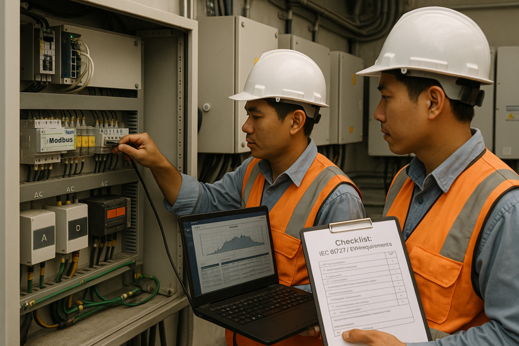 Kỹ sư Việt Nam kiểm tra kết nối Modbus giữa inverter và RTU, tham chiếu checklist IEC 61727 và yêu cầu EVN trong phòng tủ điện rooftop.