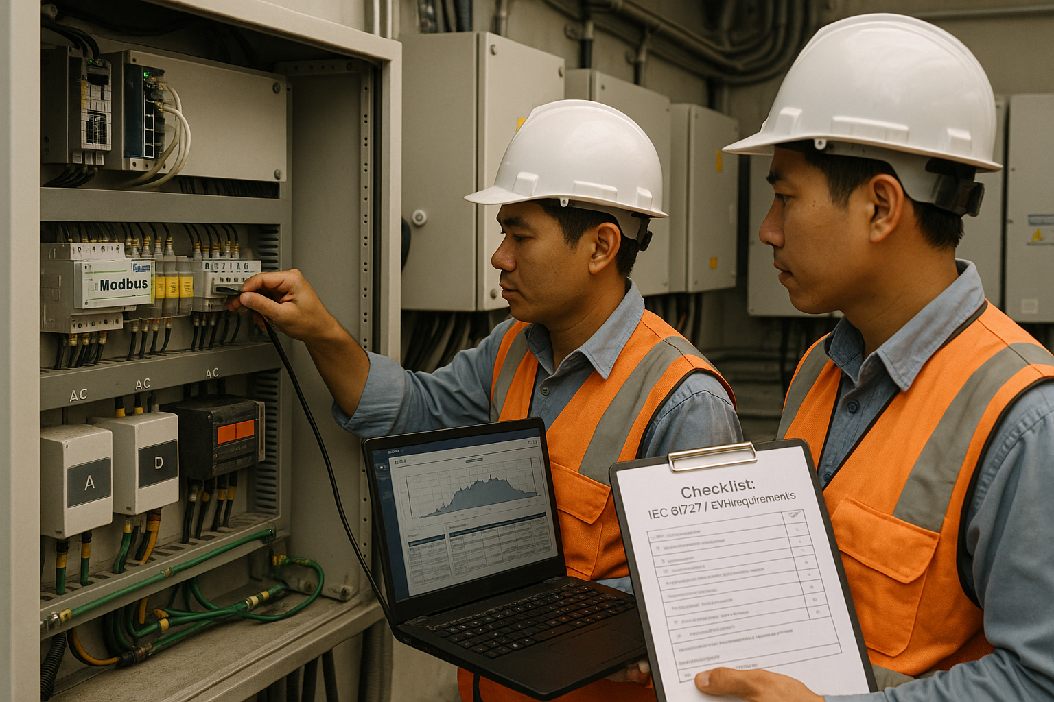 Kỹ sư Việt Nam kiểm tra kết nối Modbus giữa inverter và RTU, tham chiếu checklist IEC 61727 và yêu cầu EVN trong phòng tủ điện rooftop.
