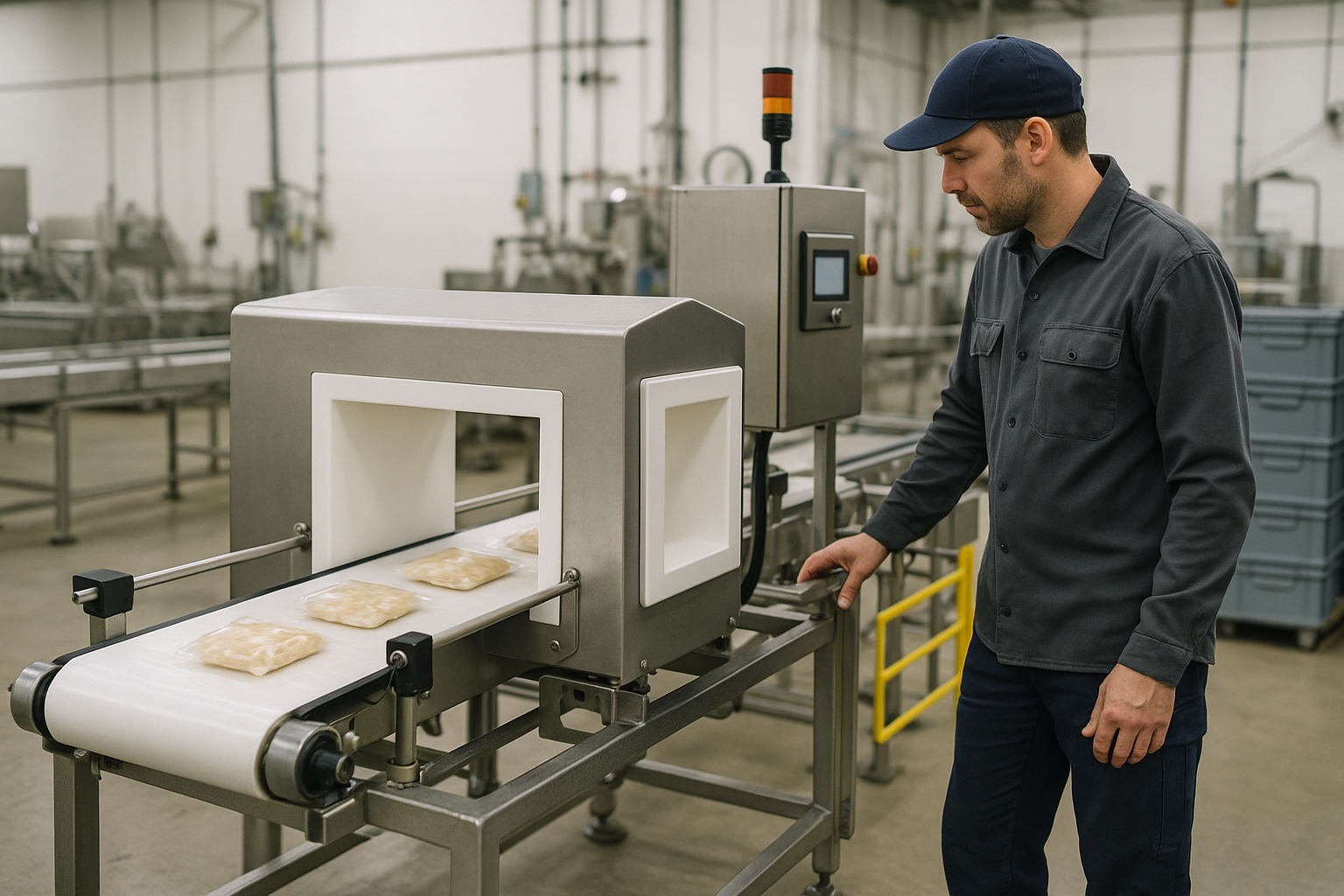 Máy dò kim loại lắp trên băng tải trong dây chuyền sản xuất đang vận hành