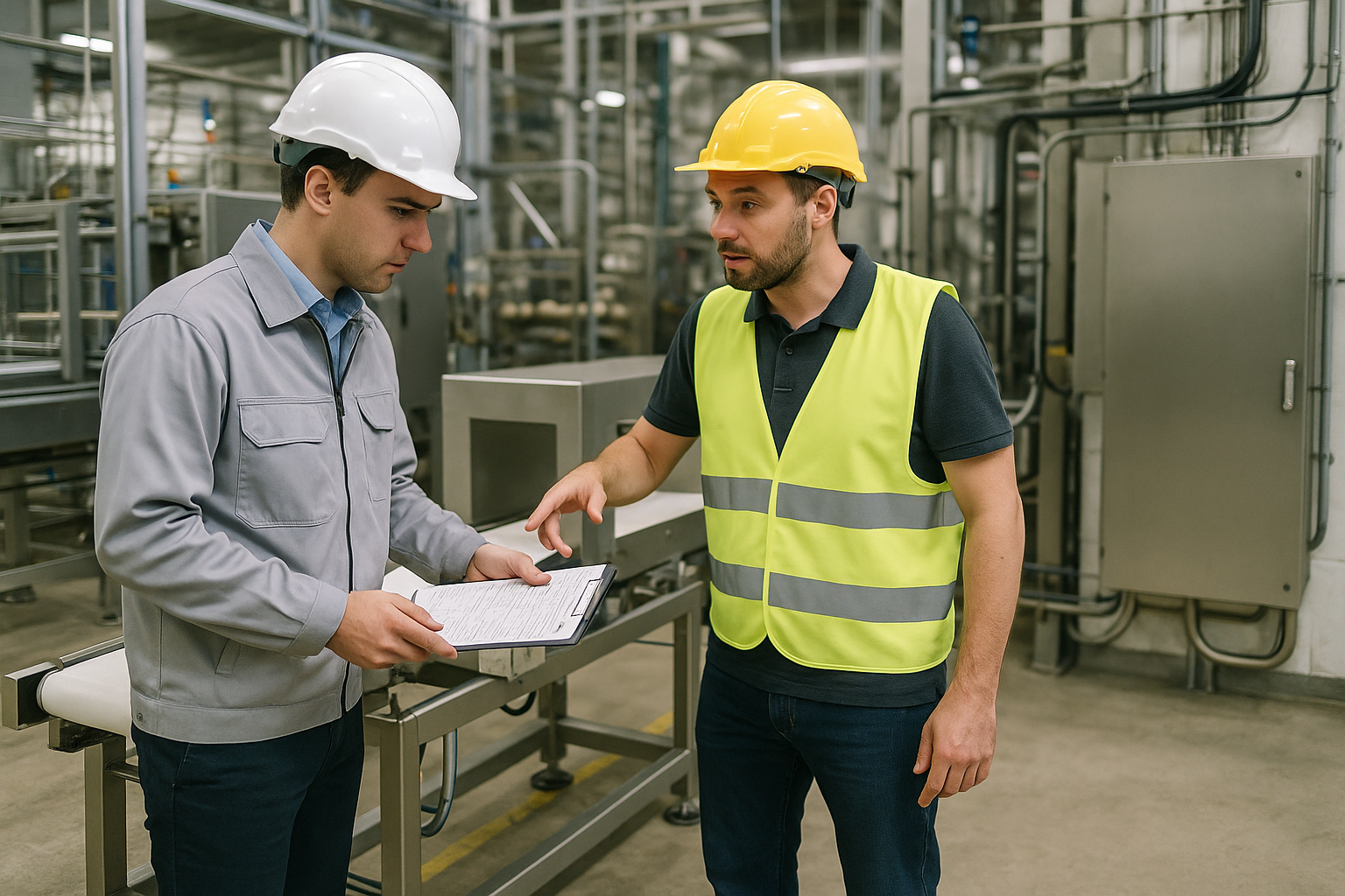 Kỹ sư khảo sát dây chuyền và vị trí lắp máy dò kim loại trong nhà máy