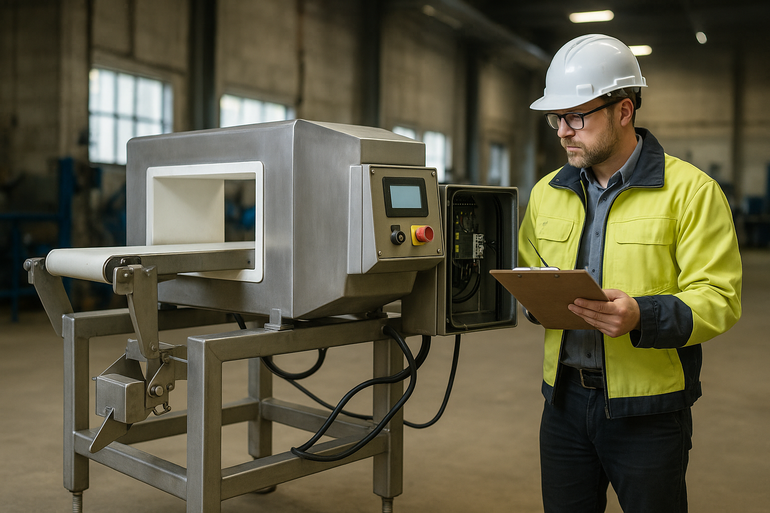 Kỹ sư kiểm tra máy dò kim loại băng tải trong khu vực sản xuất thực tế