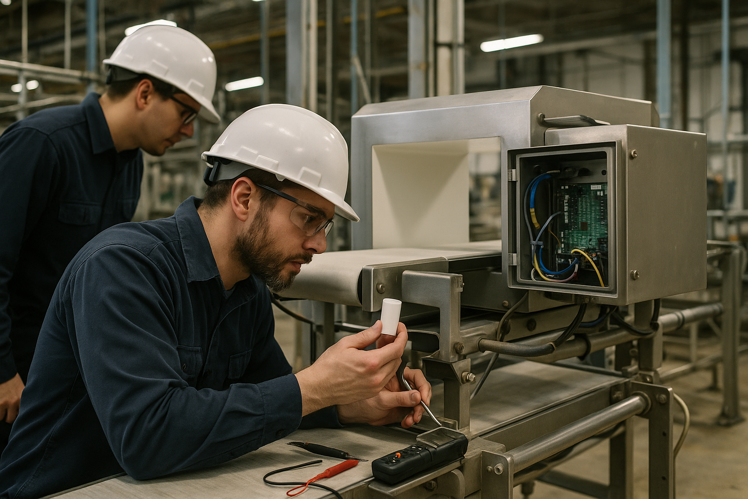 Kỹ thuật viên kiểm tra và hiệu chuẩn máy dò kim loại trên băng tải nhà máy