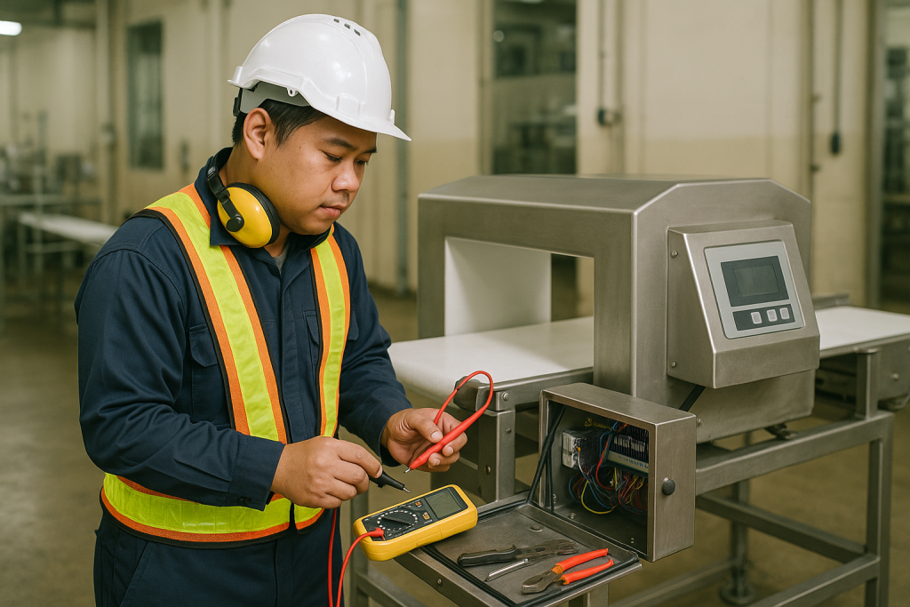 Kỹ thuật viên kiểm tra máy dò kim loại trên băng tải trong nhà máy