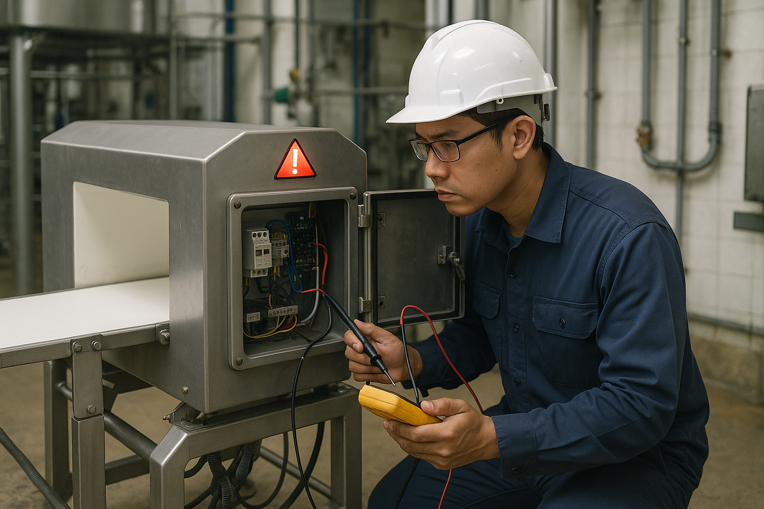 Kiểm tra lỗi máy dò kim loại Kỹ thuật viên kiểm tra máy dò kim loại trên băng tải trong khu vực nhà máy