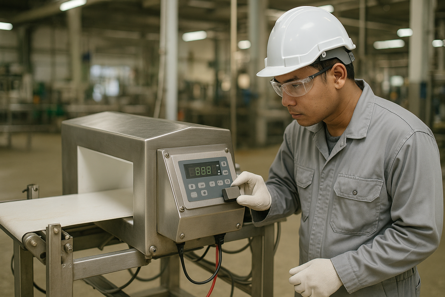 Kiểm tra hiệu chuẩn máy dò kim loại Kỹ thuật viên kiểm tra máy dò kim loại trên băng tải bằng test piece