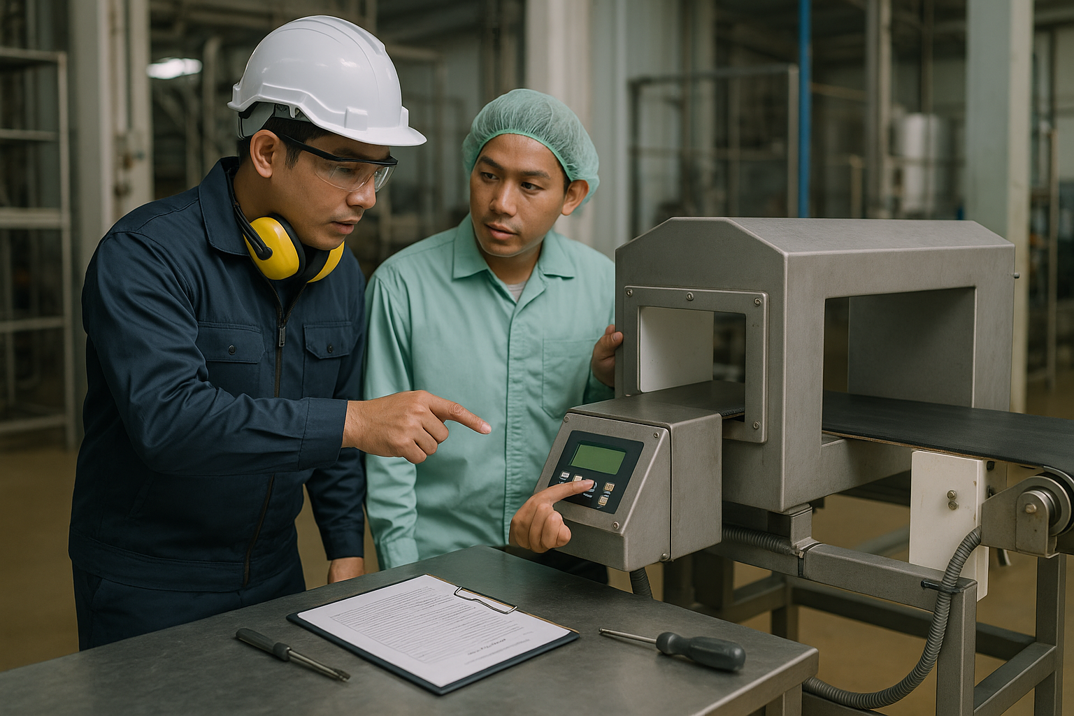 Kiểm tra và bàn giao sau sửa chữa Kỹ thuật viên và vận hành kiểm tra máy dò kim loại trên băng tải sau sửa chữa