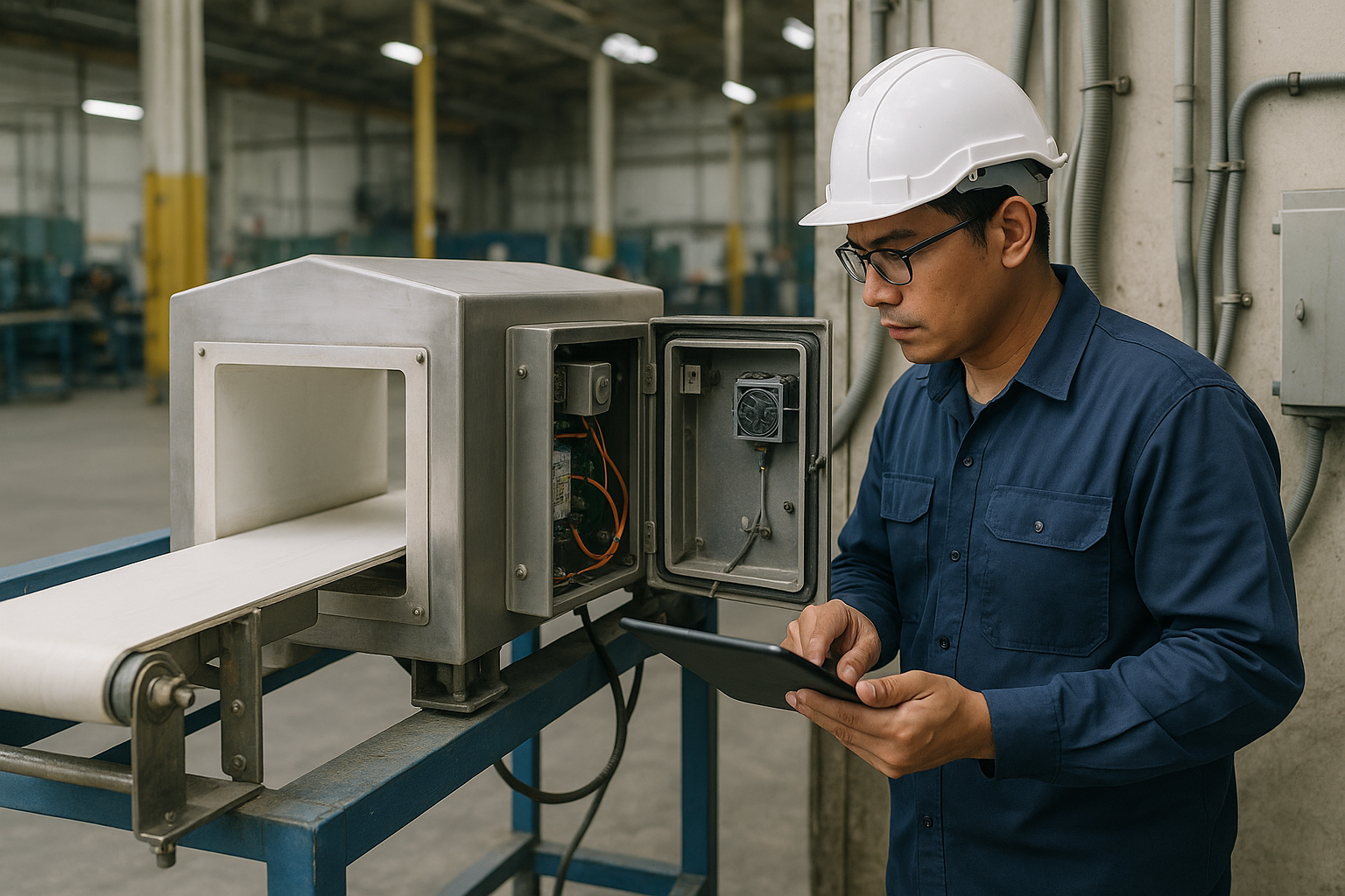 Khảo sát máy trước báo giá Kỹ thuật viên kiểm tra máy dò kim loại trên băng tải để đánh giá sửa chữa