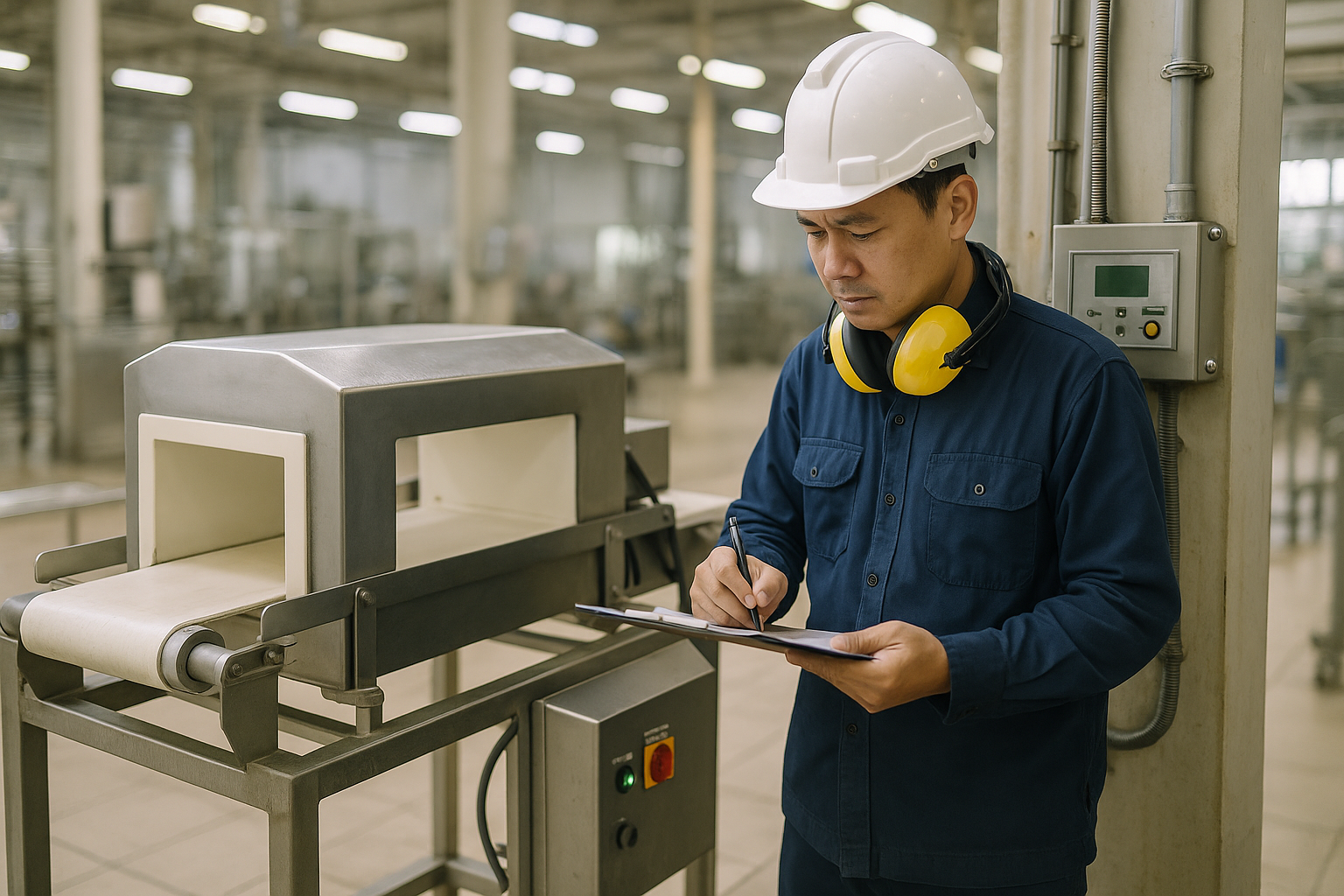 Kiểm tra sau sửa chữa máy dò kim loại Kỹ sư kiểm tra máy dò kim loại băng tải sau khi hoàn tất sửa chữa