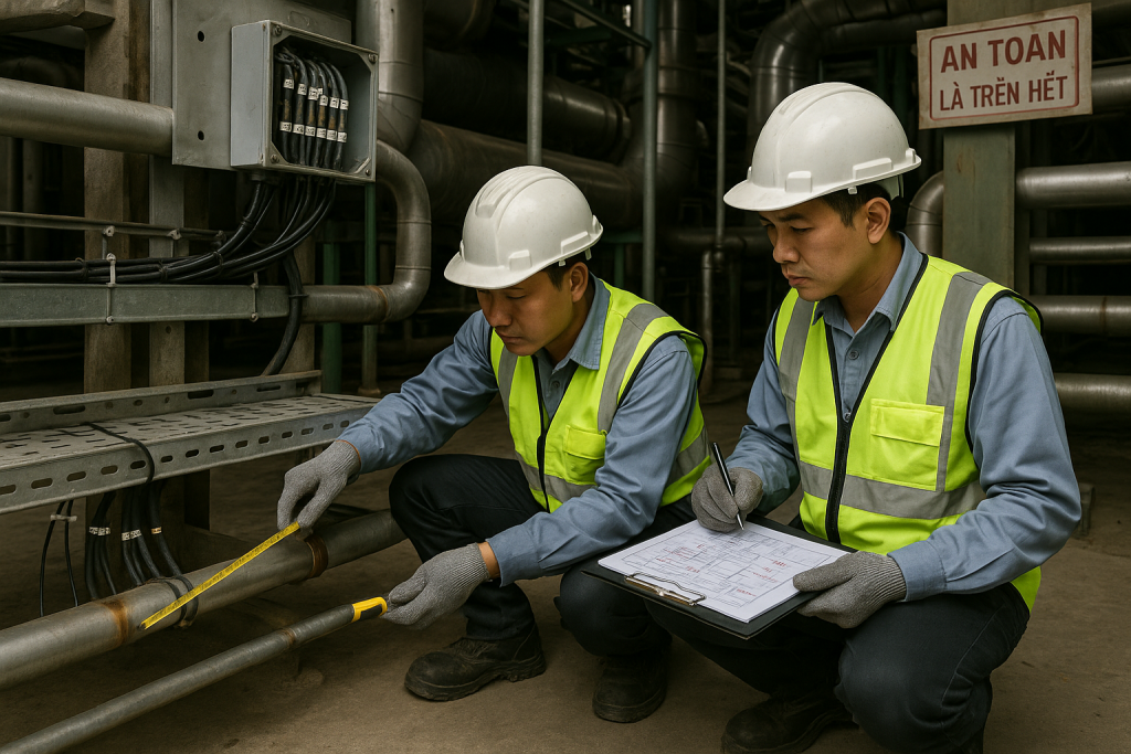 Kỹ thuật viên kiểm tra giao diện giữa máng cáp và đường ống tại khu vực MEP nhà máy
