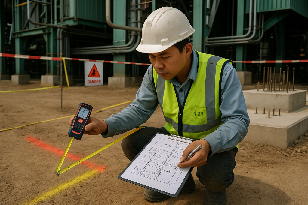 Kỹ sư dùng máy đo laser và bản vẽ để xác nhận tuyến MEP tại hiện trường