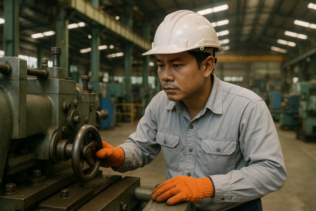 Kỹ sư khảo sát tủ điện, đo đạc máng cáp và kiểm tra bản vẽ tại hiện trường nhà máy